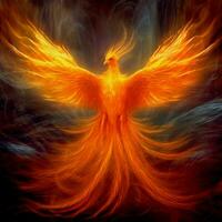 Phoenix bird with outstretched wings rising burning in flames. Epic phoenix bird fire rebirth power concept by AI Generated photo