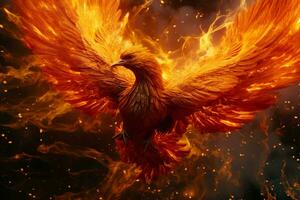 Phoenix bird with outstretched wings rising burning in flames. Epic phoenix bird fire rebirth power concept by AI Generated photo