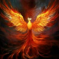 Phoenix bird with outstretched wings rising burning in flames. Epic phoenix bird fire rebirth power concept by AI Generated photo