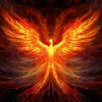 Phoenix bird with outstretched wings rising burning in flames. Epic phoenix bird fire rebirth power concept by AI Generated photo