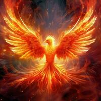 Phoenix bird with outstretched wings rising burning in flames. Epic phoenix bird fire rebirth power concept by AI Generated photo