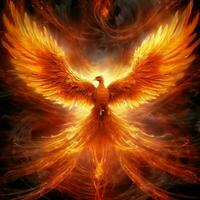 Phoenix bird with outstretched wings rising burning in flames. Epic phoenix bird fire rebirth power concept by AI Generated photo