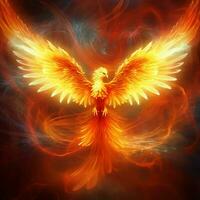 Phoenix bird with outstretched wings rising burning in flames. Epic phoenix bird fire rebirth power concept by AI Generated photo