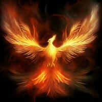 Phoenix bird with outstretched wings rising burning in flames. Epic phoenix bird fire rebirth power concept by AI Generated photo