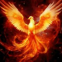 Phoenix bird with outstretched wings rising burning in flames. Epic phoenix bird fire rebirth power concept by AI Generated photo