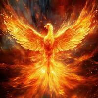 Phoenix bird with outstretched wings rising burning in flames. Epic phoenix bird fire rebirth power concept by AI Generated photo