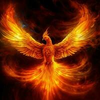 Phoenix bird with outstretched wings rising burning in flames. Epic phoenix bird fire rebirth power concept by AI Generated photo