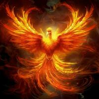 Phoenix bird with outstretched wings rising burning in flames. Epic phoenix bird fire rebirth power concept by AI Generated photo