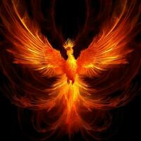 Phoenix bird with outstretched wings rising burning in flames. Epic phoenix bird fire rebirth power concept by AI Generated photo