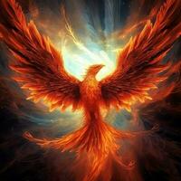 Phoenix bird with outstretched wings rising burning in flames. Epic phoenix bird fire rebirth power concept by AI Generated photo