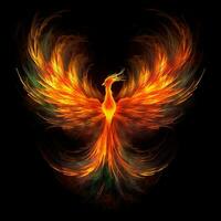 Phoenix bird with outstretched wings rising burning in flames. Epic phoenix bird fire rebirth power concept by AI Generated photo