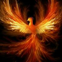 Phoenix bird with outstretched wings rising burning in flames. Epic phoenix bird fire rebirth power concept by AI Generated photo