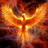 Phoenix bird with outstretched wings rising burning in flames. Epic phoenix bird fire rebirth power concept by AI Generated photo