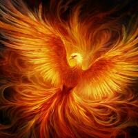 Phoenix bird with outstretched wings rising burning in flames. Epic phoenix bird fire rebirth power concept by AI Generated photo