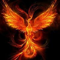 Phoenix bird with outstretched wings rising burning in flames. Epic phoenix bird fire rebirth power concept by AI Generated photo