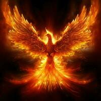 Phoenix bird with outstretched wings rising burning in flames. Epic phoenix bird fire rebirth power concept by AI Generated photo