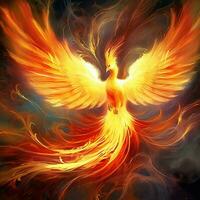 Phoenix bird with outstretched wings rising burning in flames. Epic phoenix bird fire rebirth power concept by AI Generated photo