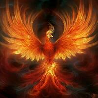 Phoenix bird with outstretched wings rising burning in flames. Epic phoenix bird fire rebirth power concept by AI Generated photo