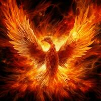 Phoenix bird with outstretched wings rising burning in flames. Epic phoenix bird fire rebirth power concept by AI Generated photo