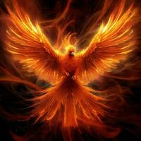 Phoenix bird with outstretched wings rising burning in flames. Epic phoenix bird fire rebirth power concept by AI Generated photo