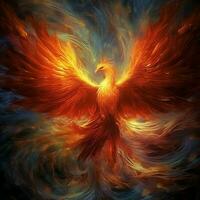 Phoenix bird with outstretched wings rising burning in flames. Epic phoenix bird fire rebirth power concept by AI Generated photo