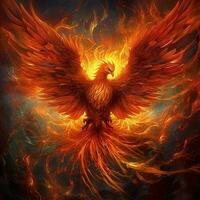 Phoenix bird with outstretched wings rising burning in flames. Epic phoenix bird fire rebirth power concept by AI Generated photo