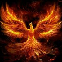 Phoenix bird with outstretched wings rising burning in flames. Epic phoenix bird fire rebirth power concept by AI Generated photo