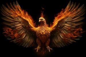 Phoenix bird with outstretched wings rising burning in flames. Epic phoenix bird fire rebirth power concept by AI Generated photo