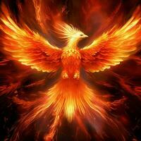 Phoenix bird with outstretched wings rising burning in flames. Epic phoenix bird fire rebirth power concept by AI Generated photo