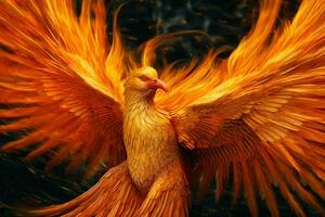 Phoenix bird with outstretched wings rising burning in flames. Epic phoenix bird fire rebirth power concept by AI Generated photo