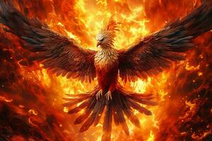 Phoenix bird with outstretched wings rising burning in flames. Epic phoenix bird fire rebirth power concept by AI Generated photo