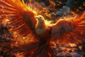 Phoenix bird with outstretched wings rising burning in flames. Epic phoenix bird fire rebirth power concept by AI Generated photo