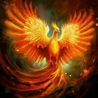 Phoenix bird with outstretched wings rising burning in flames. Epic phoenix bird fire rebirth power concept by AI Generated photo