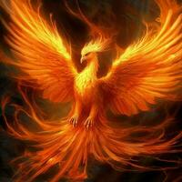 Phoenix bird with outstretched wings rising burning in flames. Epic phoenix bird fire rebirth power concept by AI Generated photo