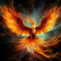 Phoenix bird with outstretched wings rising burning in flames. Epic phoenix bird fire rebirth power concept by AI Generated photo