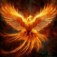 Phoenix bird with outstretched wings rising burning in flames. Epic phoenix bird fire rebirth power concept by AI Generated photo