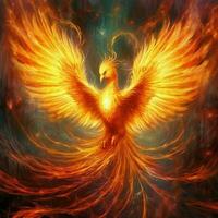 Phoenix bird with outstretched wings rising burning in flames. Epic phoenix bird fire rebirth power concept by AI Generated photo