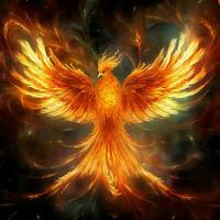 Phoenix bird with outstretched wings rising burning in flames. Epic phoenix bird fire rebirth power concept by AI Generated photo