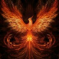 Phoenix bird with outstretched wings rising burning in flames. Epic phoenix bird fire rebirth power concept by AI Generated photo