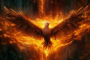 Phoenix bird with outstretched wings rising burning in flames. Epic phoenix bird fire rebirth power concept by AI Generated photo