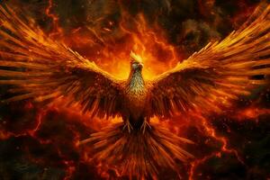 Phoenix bird with outstretched wings rising burning in flames. Epic phoenix bird fire rebirth power concept by AI Generated photo