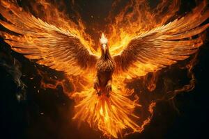 Phoenix bird with outstretched wings rising burning in flames. Epic phoenix bird fire rebirth power concept by AI Generated photo