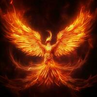 Phoenix bird with outstretched wings rising burning in flames. Epic phoenix bird fire rebirth power concept by AI Generated photo