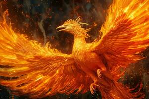 Phoenix bird with outstretched wings rising burning in flames. Epic phoenix bird fire rebirth power concept by AI Generated photo