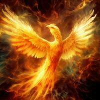 Phoenix bird with outstretched wings rising burning in flames. Epic phoenix bird fire rebirth power concept by AI Generated photo