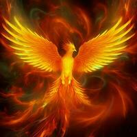 Phoenix bird with outstretched wings rising burning in flames. Epic phoenix bird fire rebirth power concept by AI Generated photo