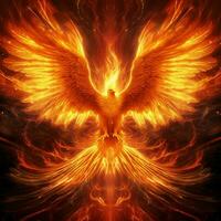 Phoenix bird with outstretched wings rising burning in flames. Epic phoenix bird fire rebirth power concept by AI Generated photo