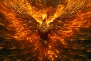 Phoenix bird with outstretched wings rising burning in flames. Epic phoenix bird fire rebirth power concept by AI Generated photo