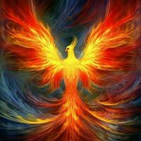 fénix pájaro con extendido alas creciente ardiente en llamas épico fénix pájaro fuego renacimiento poder concepto por ai generado foto