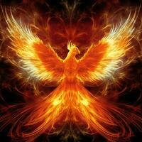 Phoenix bird with outstretched wings rising burning in flames. Epic phoenix bird fire rebirth power concept by AI Generated photo